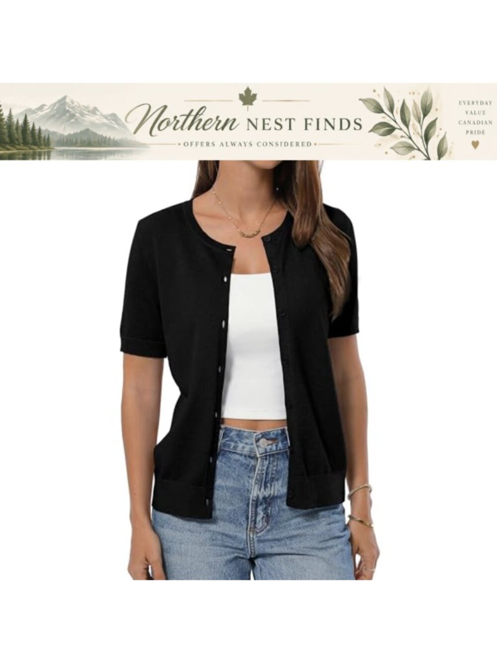Womens Short Sleeve Cotton Cardigan Button Down Crewneck Lightweight